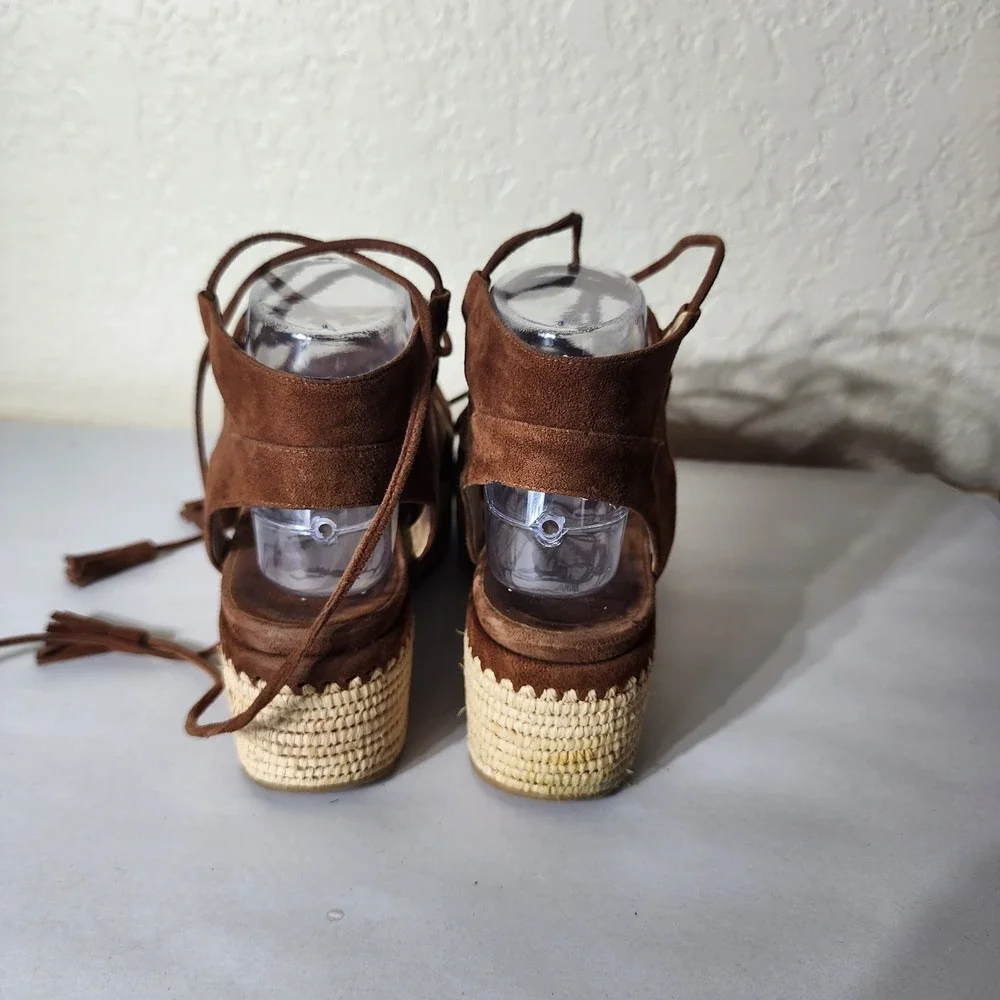 Stuart Weitzman Brown Suede Lace Up Espadrille Platform Sandals Tassel  8M